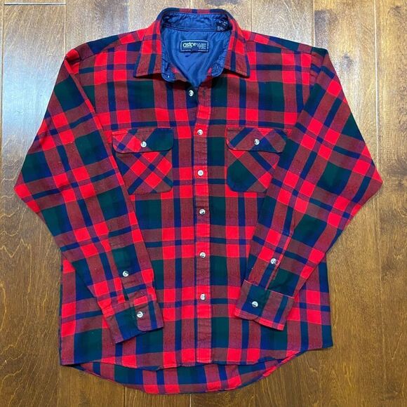 Astor One Vintage 80s Plaid Red Navy Green Flannel Shirt Men's Size Medium - Picture 3 of 8